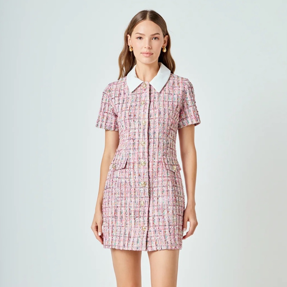 Endless Rose Pink Tweed Mini Dress with White Collar